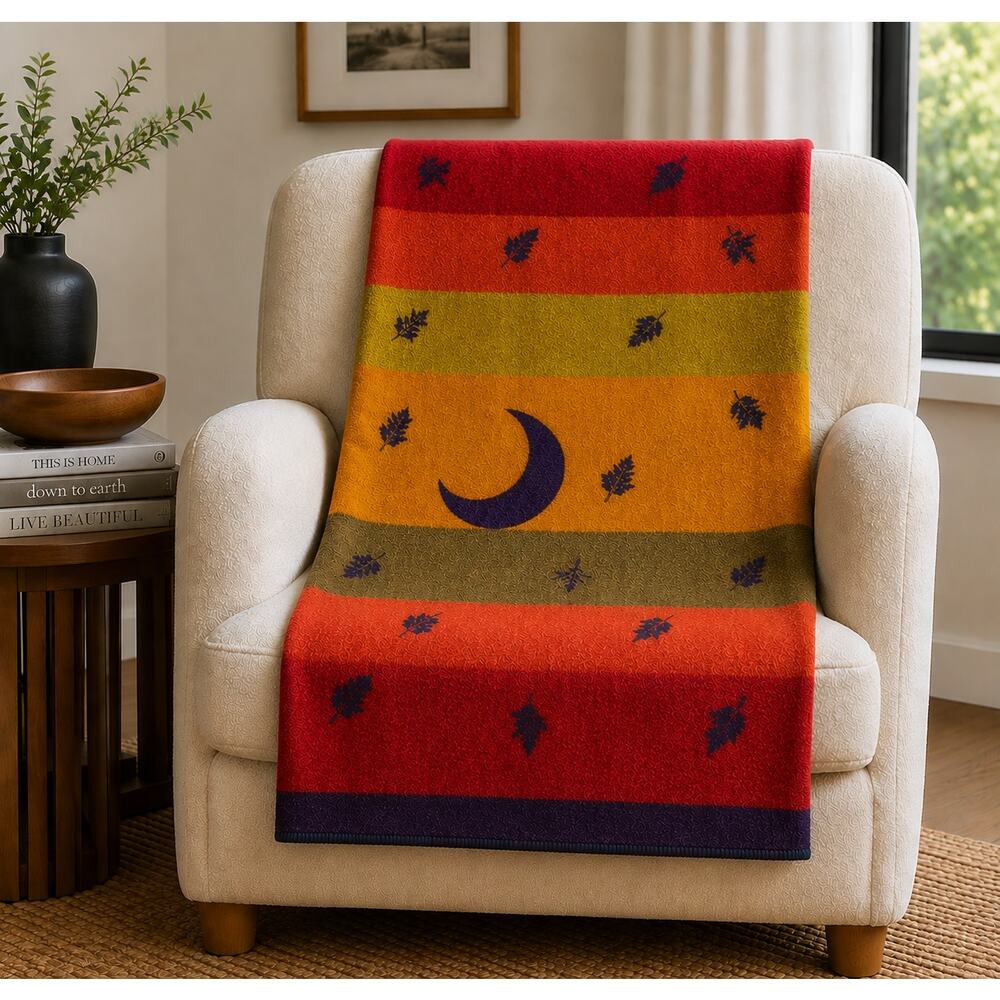 Vntg Wellspring Legend Robes Falling Leaf Moon Wool Blanket USA 48x70 Throw MINT